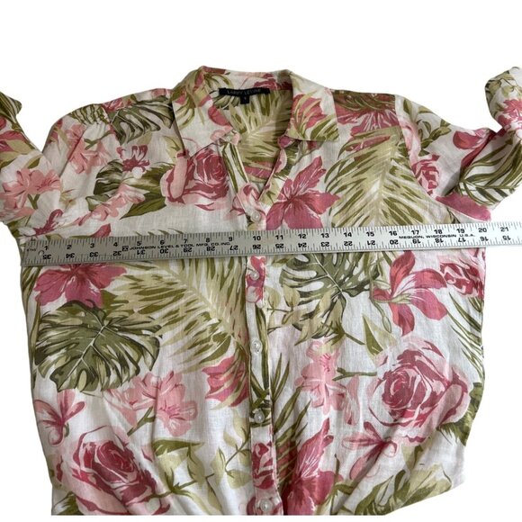 Larry Levine Women's Linen Blend Button Down Floral Front Tie Blouse Small - Picture 7 of 9